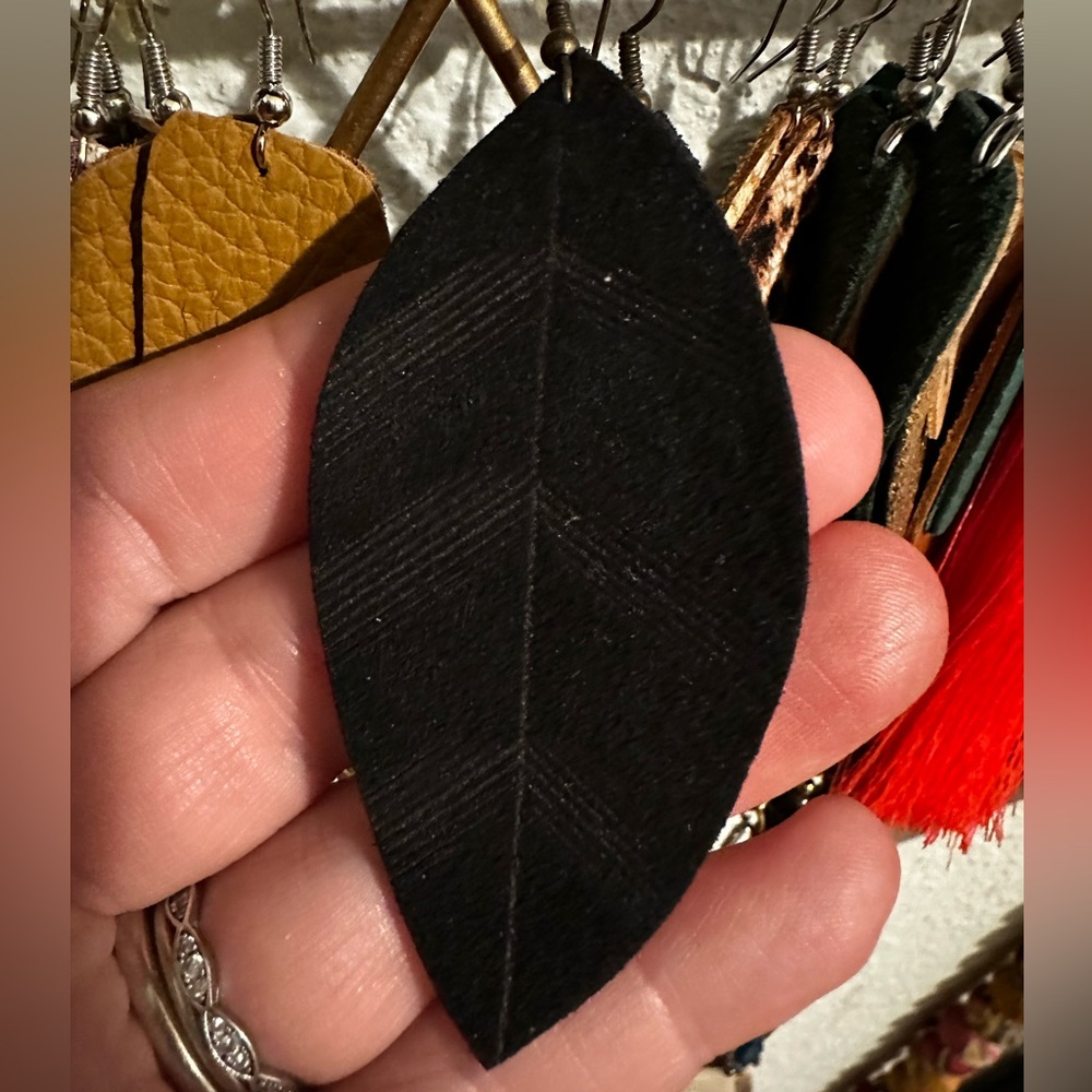 Matte Black Leaf Earrings with Seam Detail